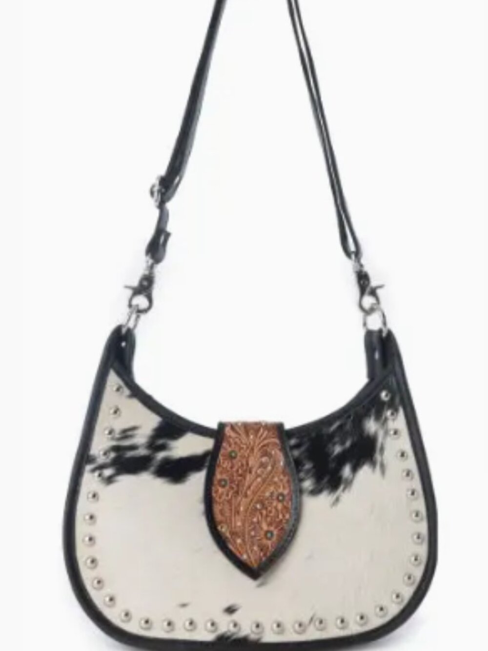 Myra Santa Fe Shoulder Bag with hair on, Leather studded detail -Black NWT